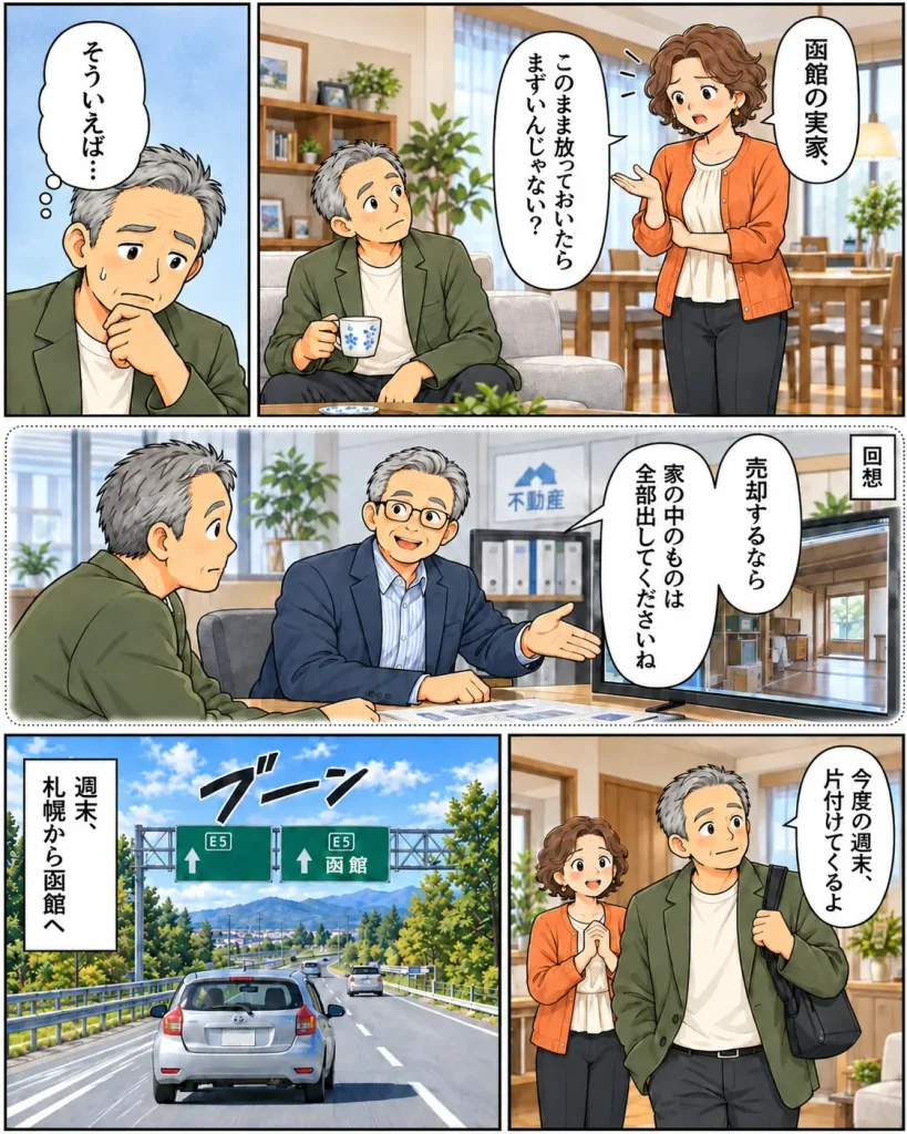 片付けマンガ内容：奥さんが「函館の実家、このまま放っておいたらまずいんじゃない？」と問いかける。タカシがそういえば不動産屋さんに言われた言葉「売却するなら家の中のものは全部出してくださいね」を思い出した。タカシは重い腰を上げて「今度の週末片付けてくるよ」と奥さんに伝え高速で札幌から函館へ向かった。