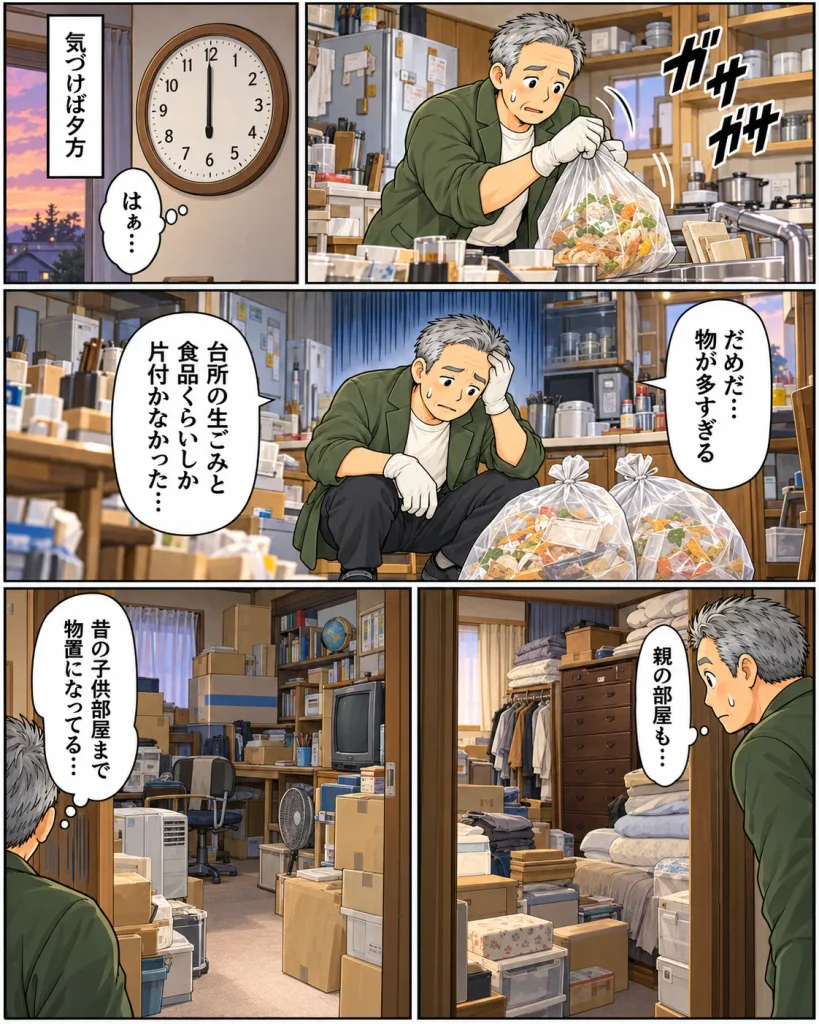 片付けマンガ内容：気づけば夕方になったところ。タカシは物の量の多さに気づいて落胆する。「だめだ、ものが多すぎる。台所の生ゴミと食品くらいしか片付かなかった…」タカシは親の部屋・昔の子ども部屋を交互に見て、まだまだものがお多いことを実感する。「親の部屋も、子ども部屋まで物置になってる・・・」