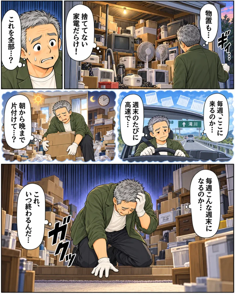 片付けマンガ内容：物置も覗くと捨ててない家電だらけ。愕然とするタカシ。「これを全部？毎週ここに通って週末のたびに高速で朝から晩まで片付けるの？」毎週こんなことになるのかと悩むタカシ。「これ（実家の片付け）いつ終わるんだ？」