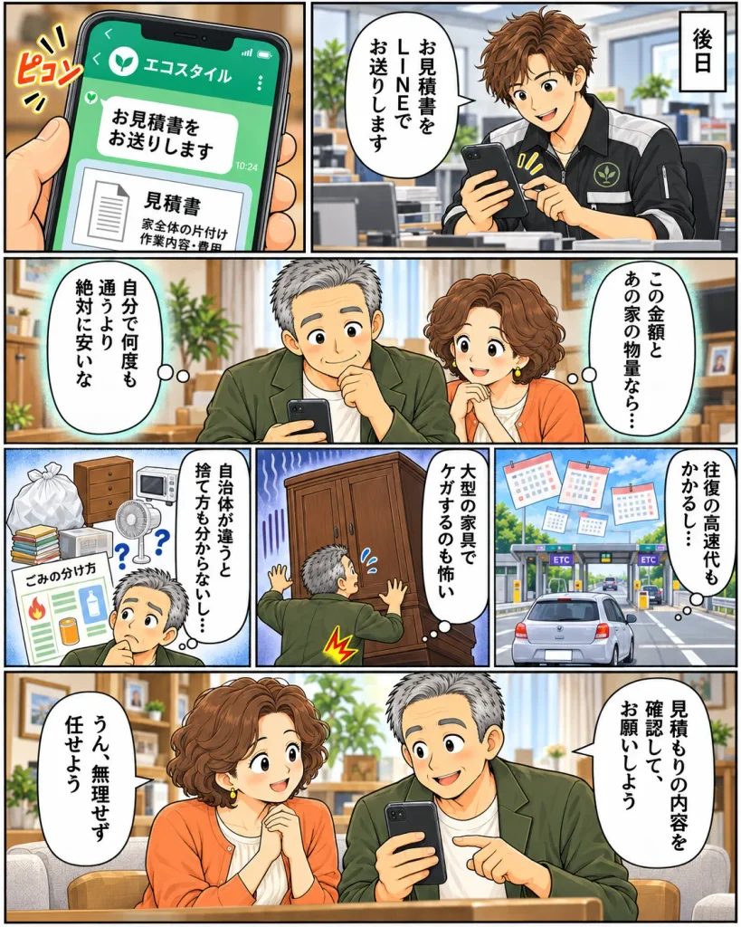 片付けマンガ内容：後日エコスタイルから見積書がLINEで届いたタカシと奥さん「この金額とあの家の物量なら、自分で何度も通うより絶対に安いな」と話す。往復の高速代もかかるし、大型の家具でケガするのも怖い。自治体が違うので捨て方もわからないし、と思い悩み「見積もりの内容を確認してお願いしよう」と結論する