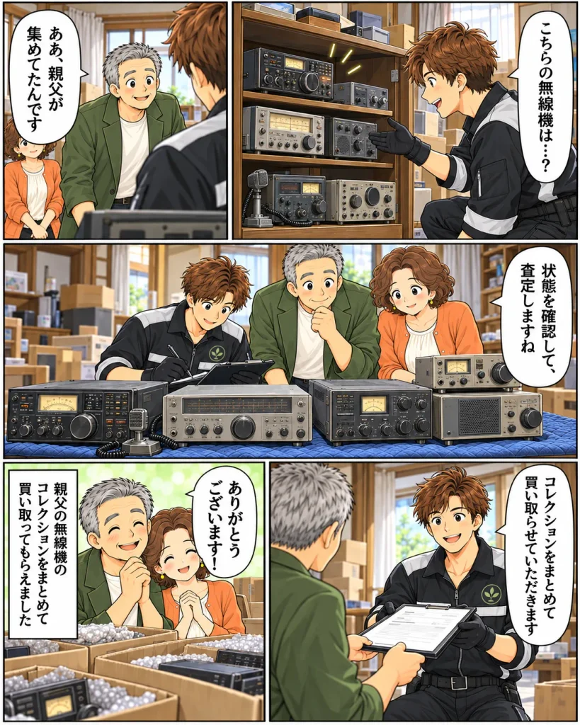 片付けマンガ内容：大量の無線機がでてきて質問するエコスタイル「ああ、親父が集めていたんです」数があったのでまとめて状態を確認して査定するエコスタイル。コレクションをまとめて買い取らせていただきます。タカシの父親の無線機のコレクションがそのままになっていたが生活応援エコスタイルさんに買い取ってもらえて作業費用の一部と差し引きになりました。